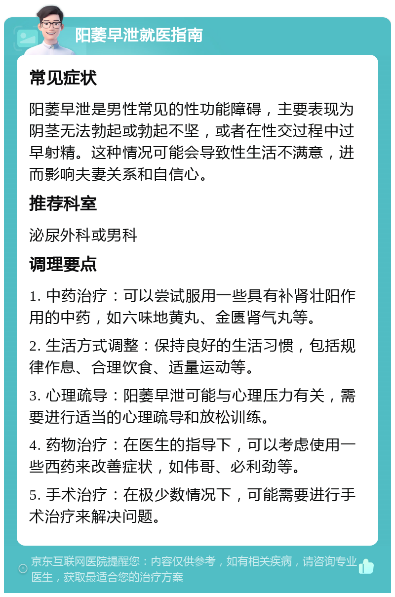 阳萎早泄就医指南 常见症状 阳萎早泄是男性常见的性功能障碍，主要表现为阴茎无法勃起或勃起不坚，或者在性交过程中过早射精。这种情况可能会导致性生活不满意，进而影响夫妻关系和自信心。 推荐科室 泌尿外科或男科 调理要点 1. 中药治疗：可以尝试服用一些具有补肾壮阳作用的中药，如六味地黄丸、金匮肾气丸等。 2. 生活方式调整：保持良好的生活习惯，包括规律作息、合理饮食、适量运动等。 3. 心理疏导：阳萎早泄可能与心理压力有关，需要进行适当的心理疏导和放松训练。 4. 药物治疗：在医生的指导下，可以考虑使用一些西药来改善症状，如伟哥、必利劲等。 5. 手术治疗：在极少数情况下，可能需要进行手术治疗来解决问题。