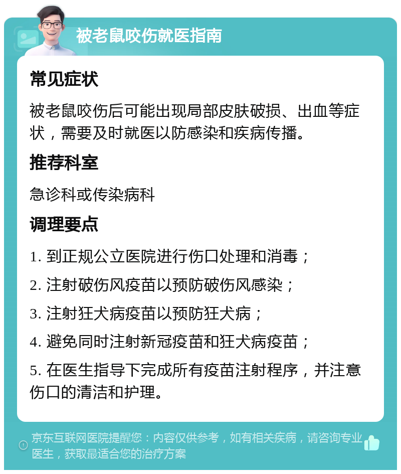 被老鼠咬伤就医指南 常见症状 被老鼠咬伤后可能出现局部皮肤破损、出血等症状，需要及时就医以防感染和疾病传播。 推荐科室 急诊科或传染病科 调理要点 1. 到正规公立医院进行伤口处理和消毒； 2. 注射破伤风疫苗以预防破伤风感染； 3. 注射狂犬病疫苗以预防狂犬病； 4. 避免同时注射新冠疫苗和狂犬病疫苗； 5. 在医生指导下完成所有疫苗注射程序，并注意伤口的清洁和护理。