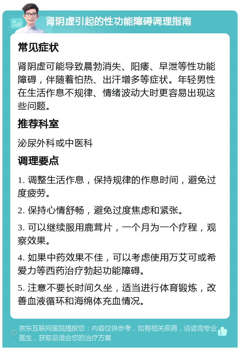 肾阴虚引起的性功能障碍调理指南 常见症状 肾阴虚可能导致晨勃消失、阳痿、早泄等性功能障碍，伴随着怕热、出汗增多等症状。年轻男性在生活作息不规律、情绪波动大时更容易出现这些问题。 推荐科室 泌尿外科或中医科 调理要点 1. 调整生活作息，保持规律的作息时间，避免过度疲劳。 2. 保持心情舒畅，避免过度焦虑和紧张。 3. 可以继续服用鹿茸片，一个月为一个疗程，观察效果。 4. 如果中药效果不佳，可以考虑使用万艾可或希爱力等西药治疗勃起功能障碍。 5. 注意不要长时间久坐，适当进行体育锻炼，改善血液循环和海绵体充血情况。