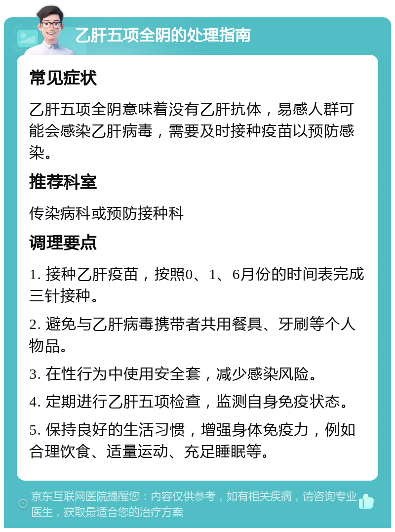 乙肝五项全阴的处理指南 常见症状 乙肝五项全阴意味着没有乙肝抗体，易感人群可能会感染乙肝病毒，需要及时接种疫苗以预防感染。 推荐科室 传染病科或预防接种科 调理要点 1. 接种乙肝疫苗，按照0、1、6月份的时间表完成三针接种。 2. 避免与乙肝病毒携带者共用餐具、牙刷等个人物品。 3. 在性行为中使用安全套，减少感染风险。 4. 定期进行乙肝五项检查，监测自身免疫状态。 5. 保持良好的生活习惯，增强身体免疫力，例如合理饮食、适量运动、充足睡眠等。