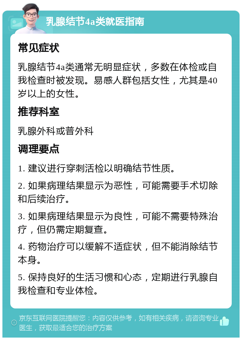 乳腺结节4a类就医指南 常见症状 乳腺结节4a类通常无明显症状，多数在体检或自我检查时被发现。易感人群包括女性，尤其是40岁以上的女性。 推荐科室 乳腺外科或普外科 调理要点 1. 建议进行穿刺活检以明确结节性质。 2. 如果病理结果显示为恶性，可能需要手术切除和后续治疗。 3. 如果病理结果显示为良性，可能不需要特殊治疗，但仍需定期复查。 4. 药物治疗可以缓解不适症状，但不能消除结节本身。 5. 保持良好的生活习惯和心态，定期进行乳腺自我检查和专业体检。