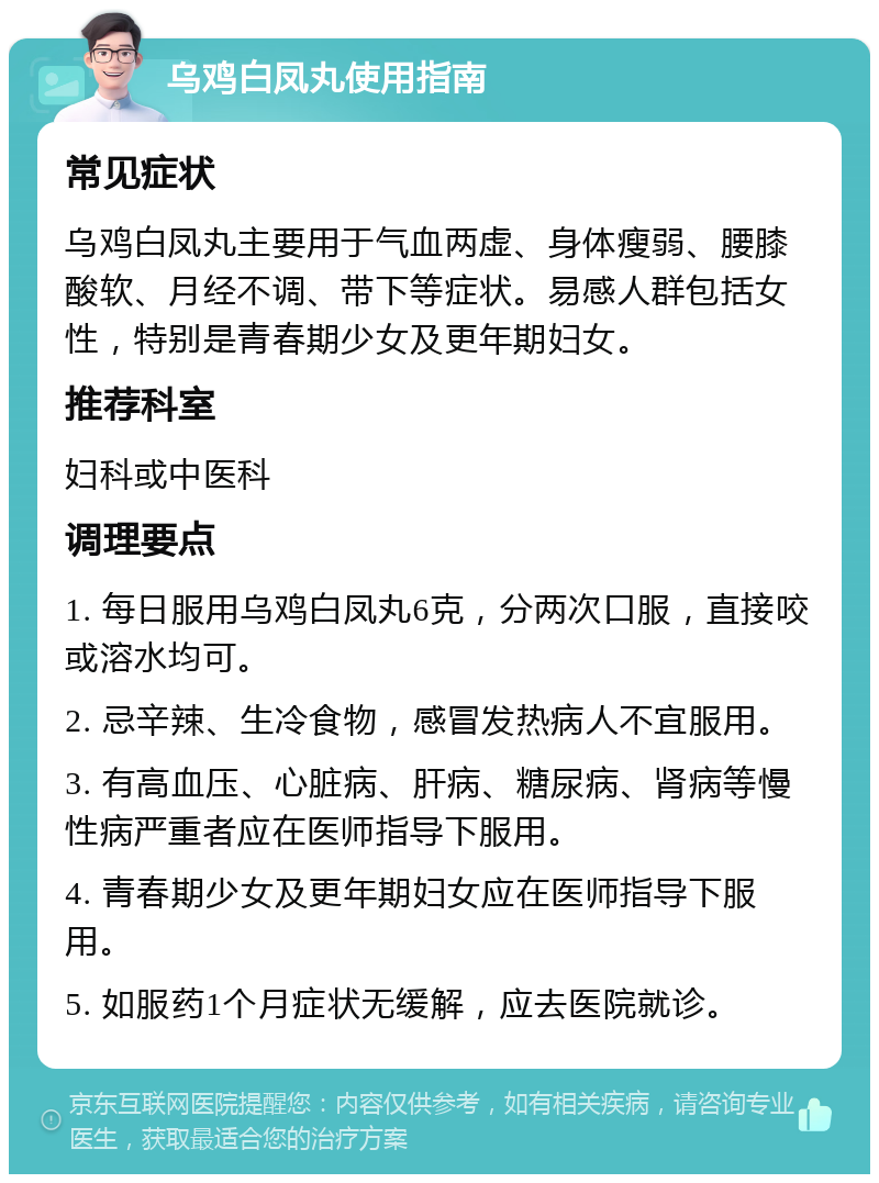 乌鸡白凤丸使用指南 常见症状 乌鸡白凤丸主要用于气血两虚、身体瘦弱、腰膝酸软、月经不调、带下等症状。易感人群包括女性，特别是青春期少女及更年期妇女。 推荐科室 妇科或中医科 调理要点 1. 每日服用乌鸡白凤丸6克，分两次口服，直接咬或溶水均可。 2. 忌辛辣、生冷食物，感冒发热病人不宜服用。 3. 有高血压、心脏病、肝病、糖尿病、肾病等慢性病严重者应在医师指导下服用。 4. 青春期少女及更年期妇女应在医师指导下服用。 5. 如服药1个月症状无缓解，应去医院就诊。