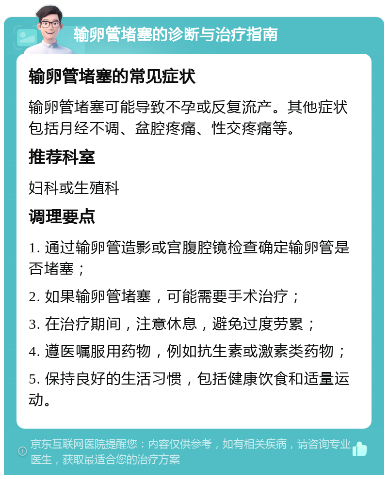 输卵管堵塞的诊断与治疗指南 输卵管堵塞的常见症状 输卵管堵塞可能导致不孕或反复流产。其他症状包括月经不调、盆腔疼痛、性交疼痛等。 推荐科室 妇科或生殖科 调理要点 1. 通过输卵管造影或宫腹腔镜检查确定输卵管是否堵塞； 2. 如果输卵管堵塞，可能需要手术治疗； 3. 在治疗期间，注意休息，避免过度劳累； 4. 遵医嘱服用药物，例如抗生素或激素类药物； 5. 保持良好的生活习惯，包括健康饮食和适量运动。