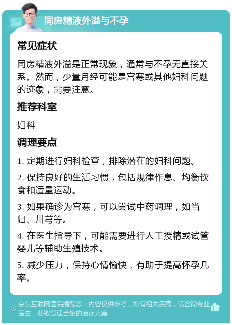 同房精液外溢与不孕 常见症状 同房精液外溢是正常现象，通常与不孕无直接关系。然而，少量月经可能是宫寒或其他妇科问题的迹象，需要注意。 推荐科室 妇科 调理要点 1. 定期进行妇科检查，排除潜在的妇科问题。 2. 保持良好的生活习惯，包括规律作息、均衡饮食和适量运动。 3. 如果确诊为宫寒，可以尝试中药调理，如当归、川芎等。 4. 在医生指导下，可能需要进行人工授精或试管婴儿等辅助生殖技术。 5. 减少压力，保持心情愉快，有助于提高怀孕几率。