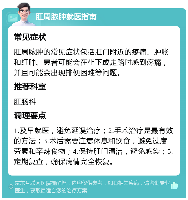 肛周脓肿就医指南 常见症状 肛周脓肿的常见症状包括肛门附近的疼痛、肿胀和红肿。患者可能会在坐下或走路时感到疼痛，并且可能会出现排便困难等问题。 推荐科室 肛肠科 调理要点 1.及早就医，避免延误治疗；2.手术治疗是最有效的方法；3.术后需要注意休息和饮食，避免过度劳累和辛辣食物；4.保持肛门清洁，避免感染；5.定期复查，确保病情完全恢复。