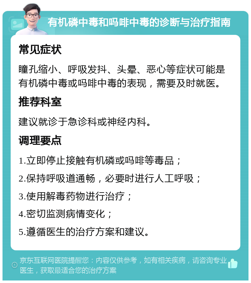 有机磷中毒和吗啡中毒的诊断与治疗指南 常见症状 瞳孔缩小、呼吸发抖、头晕、恶心等症状可能是有机磷中毒或吗啡中毒的表现，需要及时就医。 推荐科室 建议就诊于急诊科或神经内科。 调理要点 1.立即停止接触有机磷或吗啡等毒品； 2.保持呼吸道通畅，必要时进行人工呼吸； 3.使用解毒药物进行治疗； 4.密切监测病情变化； 5.遵循医生的治疗方案和建议。