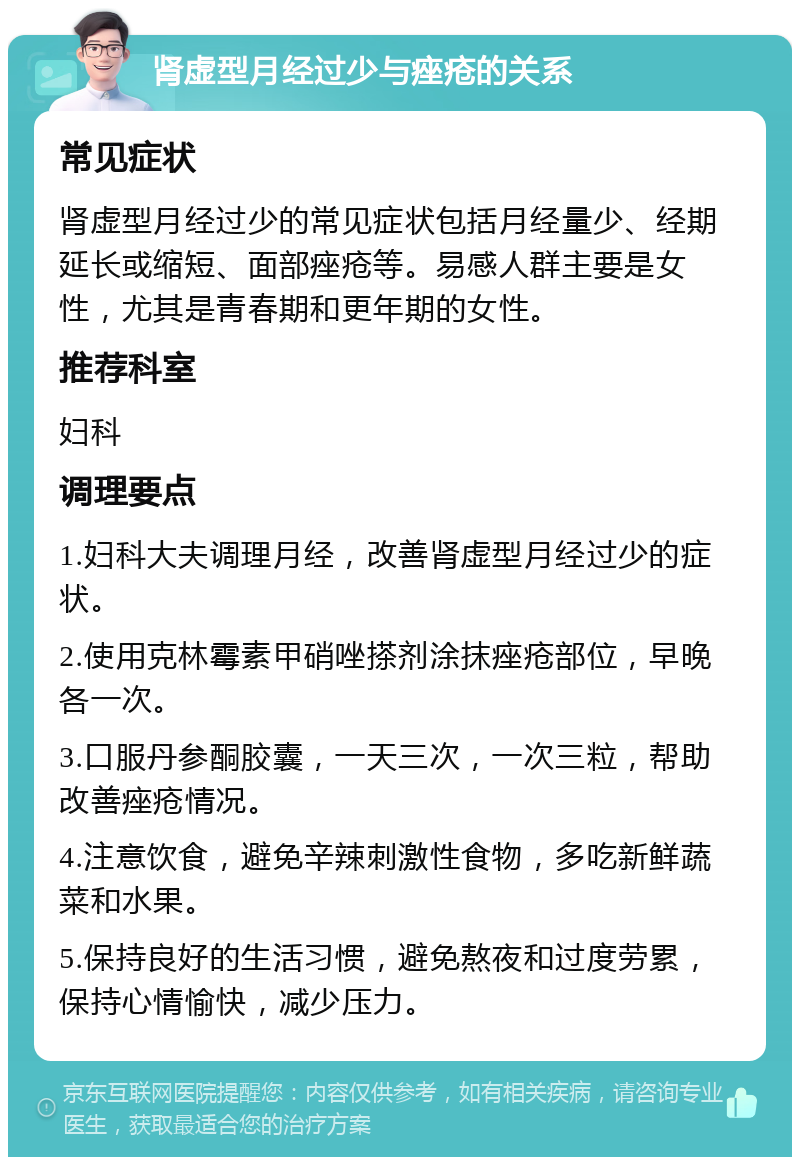 肾虚型月经过少与痤疮的关系 常见症状 肾虚型月经过少的常见症状包括月经量少、经期延长或缩短、面部痤疮等。易感人群主要是女性，尤其是青春期和更年期的女性。 推荐科室 妇科 调理要点 1.妇科大夫调理月经，改善肾虚型月经过少的症状。 2.使用克林霉素甲硝唑搽剂涂抹痤疮部位，早晚各一次。 3.口服丹参酮胶囊，一天三次，一次三粒，帮助改善痤疮情况。 4.注意饮食，避免辛辣刺激性食物，多吃新鲜蔬菜和水果。 5.保持良好的生活习惯，避免熬夜和过度劳累，保持心情愉快，减少压力。