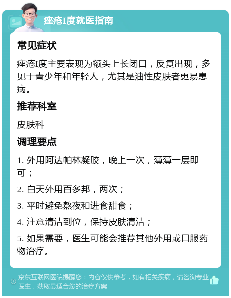 痤疮I度就医指南 常见症状 痤疮I度主要表现为额头上长闭口，反复出现，多见于青少年和年轻人，尤其是油性皮肤者更易患病。 推荐科室 皮肤科 调理要点 1. 外用阿达帕林凝胶，晚上一次，薄薄一层即可； 2. 白天外用百多邦，两次； 3. 平时避免熬夜和进食甜食； 4. 注意清洁到位，保持皮肤清洁； 5. 如果需要，医生可能会推荐其他外用或口服药物治疗。