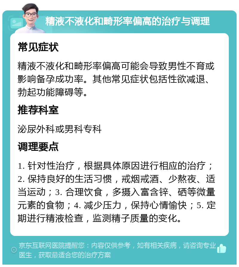 精液不液化和畸形率偏高的治疗与调理 常见症状 精液不液化和畸形率偏高可能会导致男性不育或影响备孕成功率。其他常见症状包括性欲减退、勃起功能障碍等。 推荐科室 泌尿外科或男科专科 调理要点 1. 针对性治疗，根据具体原因进行相应的治疗；2. 保持良好的生活习惯，戒烟戒酒、少熬夜、适当运动；3. 合理饮食，多摄入富含锌、硒等微量元素的食物；4. 减少压力，保持心情愉快；5. 定期进行精液检查，监测精子质量的变化。