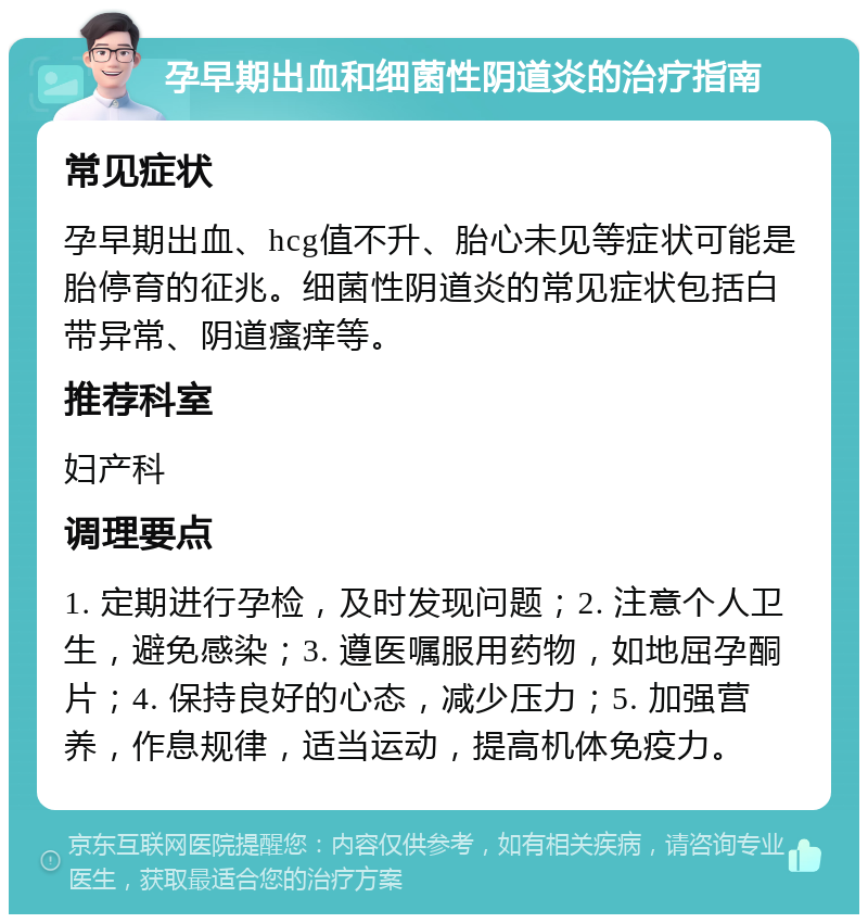 孕早期出血和细菌性阴道炎的治疗指南 常见症状 孕早期出血、hcg值不升、胎心未见等症状可能是胎停育的征兆。细菌性阴道炎的常见症状包括白带异常、阴道瘙痒等。 推荐科室 妇产科 调理要点 1. 定期进行孕检，及时发现问题；2. 注意个人卫生，避免感染；3. 遵医嘱服用药物，如地屈孕酮片；4. 保持良好的心态，减少压力；5. 加强营养，作息规律，适当运动，提高机体免疫力。