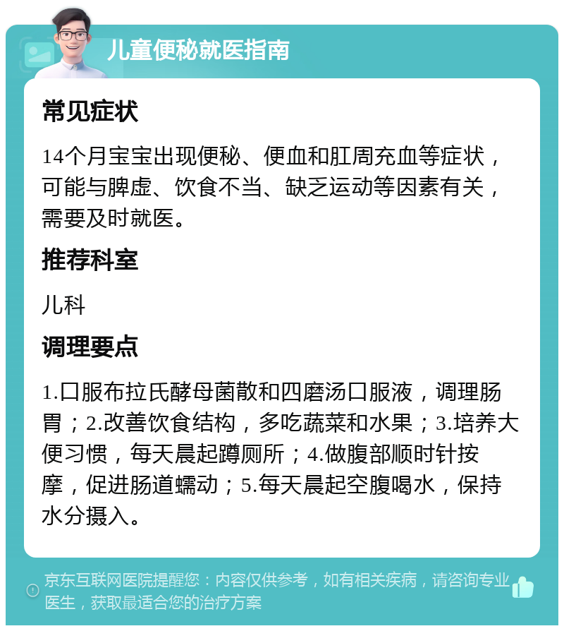 儿童便秘就医指南 常见症状 14个月宝宝出现便秘、便血和肛周充血等症状，可能与脾虚、饮食不当、缺乏运动等因素有关，需要及时就医。 推荐科室 儿科 调理要点 1.口服布拉氏酵母菌散和四磨汤口服液，调理肠胃；2.改善饮食结构，多吃蔬菜和水果；3.培养大便习惯，每天晨起蹲厕所；4.做腹部顺时针按摩，促进肠道蠕动；5.每天晨起空腹喝水，保持水分摄入。