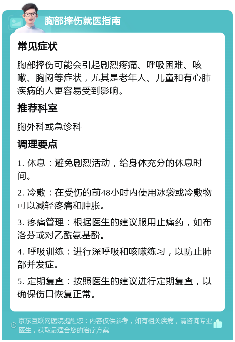 胸部摔伤就医指南 常见症状 胸部摔伤可能会引起剧烈疼痛、呼吸困难、咳嗽、胸闷等症状，尤其是老年人、儿童和有心肺疾病的人更容易受到影响。 推荐科室 胸外科或急诊科 调理要点 1. 休息：避免剧烈活动，给身体充分的休息时间。 2. 冷敷：在受伤的前48小时内使用冰袋或冷敷物可以减轻疼痛和肿胀。 3. 疼痛管理：根据医生的建议服用止痛药，如布洛芬或对乙酰氨基酚。 4. 呼吸训练：进行深呼吸和咳嗽练习，以防止肺部并发症。 5. 定期复查：按照医生的建议进行定期复查，以确保伤口恢复正常。