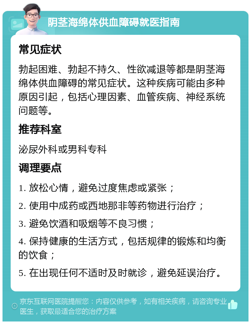 阴茎海绵体供血障碍就医指南 常见症状 勃起困难、勃起不持久、性欲减退等都是阴茎海绵体供血障碍的常见症状。这种疾病可能由多种原因引起，包括心理因素、血管疾病、神经系统问题等。 推荐科室 泌尿外科或男科专科 调理要点 1. 放松心情，避免过度焦虑或紧张； 2. 使用中成药或西地那非等药物进行治疗； 3. 避免饮酒和吸烟等不良习惯； 4. 保持健康的生活方式，包括规律的锻炼和均衡的饮食； 5. 在出现任何不适时及时就诊，避免延误治疗。