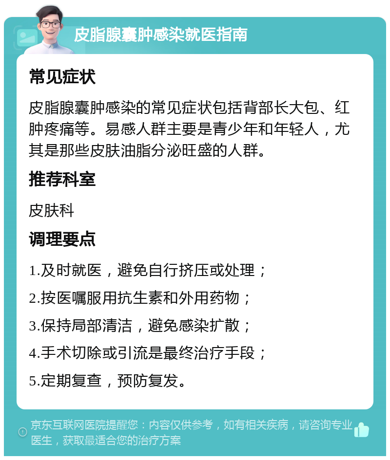 皮脂腺囊肿感染就医指南 常见症状 皮脂腺囊肿感染的常见症状包括背部长大包、红肿疼痛等。易感人群主要是青少年和年轻人，尤其是那些皮肤油脂分泌旺盛的人群。 推荐科室 皮肤科 调理要点 1.及时就医，避免自行挤压或处理； 2.按医嘱服用抗生素和外用药物； 3.保持局部清洁，避免感染扩散； 4.手术切除或引流是最终治疗手段； 5.定期复查，预防复发。