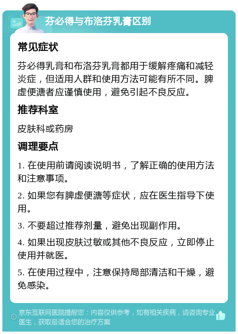 芬必得与布洛芬乳膏区别 常见症状 芬必得乳膏和布洛芬乳膏都用于缓解疼痛和减轻炎症，但适用人群和使用方法可能有所不同。脾虚便溏者应谨慎使用，避免引起不良反应。 推荐科室 皮肤科或药房 调理要点 1. 在使用前请阅读说明书，了解正确的使用方法和注意事项。 2. 如果您有脾虚便溏等症状，应在医生指导下使用。 3. 不要超过推荐剂量，避免出现副作用。 4. 如果出现皮肤过敏或其他不良反应，立即停止使用并就医。 5. 在使用过程中，注意保持局部清洁和干燥，避免感染。