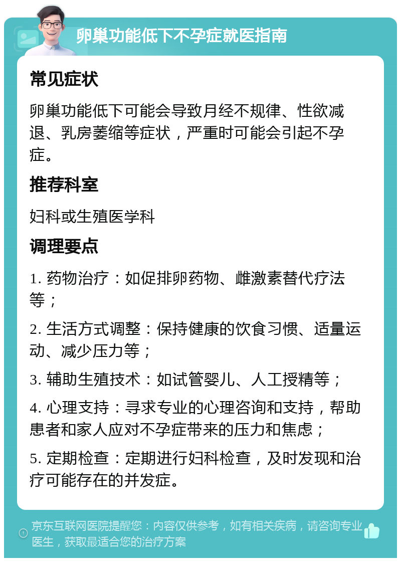 卵巢功能低下不孕症就医指南 常见症状 卵巢功能低下可能会导致月经不规律、性欲减退、乳房萎缩等症状，严重时可能会引起不孕症。 推荐科室 妇科或生殖医学科 调理要点 1. 药物治疗：如促排卵药物、雌激素替代疗法等； 2. 生活方式调整：保持健康的饮食习惯、适量运动、减少压力等； 3. 辅助生殖技术：如试管婴儿、人工授精等； 4. 心理支持：寻求专业的心理咨询和支持，帮助患者和家人应对不孕症带来的压力和焦虑； 5. 定期检查：定期进行妇科检查，及时发现和治疗可能存在的并发症。