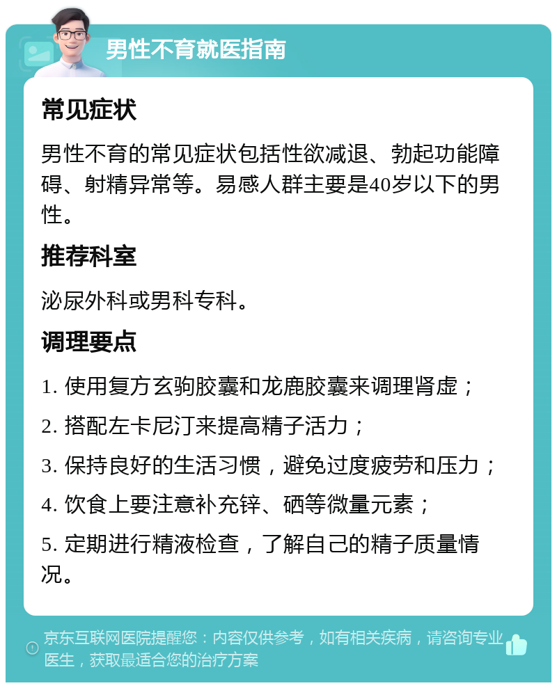 男性不育就医指南 常见症状 男性不育的常见症状包括性欲减退、勃起功能障碍、射精异常等。易感人群主要是40岁以下的男性。 推荐科室 泌尿外科或男科专科。 调理要点 1. 使用复方玄驹胶囊和龙鹿胶囊来调理肾虚； 2. 搭配左卡尼汀来提高精子活力； 3. 保持良好的生活习惯，避免过度疲劳和压力； 4. 饮食上要注意补充锌、硒等微量元素； 5. 定期进行精液检查，了解自己的精子质量情况。