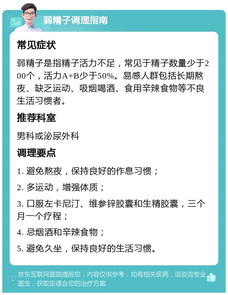 弱精子调理指南 常见症状 弱精子是指精子活力不足，常见于精子数量少于200个，活力A+B少于50%。易感人群包括长期熬夜、缺乏运动、吸烟喝酒、食用辛辣食物等不良生活习惯者。 推荐科室 男科或泌尿外科 调理要点 1. 避免熬夜，保持良好的作息习惯； 2. 多运动，增强体质； 3. 口服左卡尼汀、维参锌胶囊和生精胶囊，三个月一个疗程； 4. 忌烟酒和辛辣食物； 5. 避免久坐，保持良好的生活习惯。