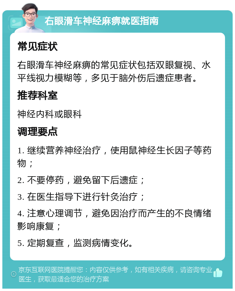 右眼滑车神经麻痹就医指南 常见症状 右眼滑车神经麻痹的常见症状包括双眼复视、水平线视力模糊等，多见于脑外伤后遗症患者。 推荐科室 神经内科或眼科 调理要点 1. 继续营养神经治疗，使用鼠神经生长因子等药物； 2. 不要停药，避免留下后遗症； 3. 在医生指导下进行针灸治疗； 4. 注意心理调节，避免因治疗而产生的不良情绪影响康复； 5. 定期复查，监测病情变化。