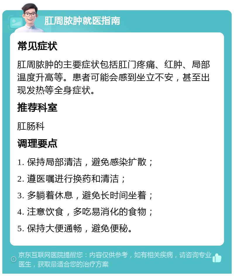 肛周脓肿就医指南 常见症状 肛周脓肿的主要症状包括肛门疼痛、红肿、局部温度升高等。患者可能会感到坐立不安，甚至出现发热等全身症状。 推荐科室 肛肠科 调理要点 1. 保持局部清洁，避免感染扩散； 2. 遵医嘱进行换药和清洁； 3. 多躺着休息，避免长时间坐着； 4. 注意饮食，多吃易消化的食物； 5. 保持大便通畅，避免便秘。