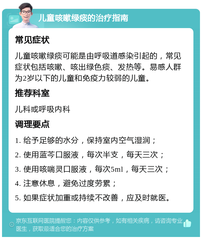 儿童咳嗽绿痰的治疗指南 常见症状 儿童咳嗽绿痰可能是由呼吸道感染引起的，常见症状包括咳嗽、咳出绿色痰、发热等。易感人群为2岁以下的儿童和免疫力较弱的儿童。 推荐科室 儿科或呼吸内科 调理要点 1. 给予足够的水分，保持室内空气湿润； 2. 使用蓝芩口服液，每次半支，每天三次； 3. 使用咳喘灵口服液，每次5ml，每天三次； 4. 注意休息，避免过度劳累； 5. 如果症状加重或持续不改善，应及时就医。