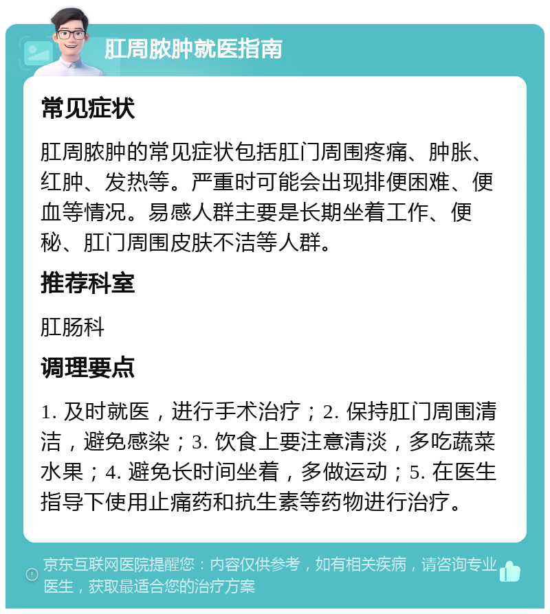 肛周脓肿就医指南 常见症状 肛周脓肿的常见症状包括肛门周围疼痛、肿胀、红肿、发热等。严重时可能会出现排便困难、便血等情况。易感人群主要是长期坐着工作、便秘、肛门周围皮肤不洁等人群。 推荐科室 肛肠科 调理要点 1. 及时就医，进行手术治疗；2. 保持肛门周围清洁，避免感染；3. 饮食上要注意清淡，多吃蔬菜水果；4. 避免长时间坐着，多做运动；5. 在医生指导下使用止痛药和抗生素等药物进行治疗。