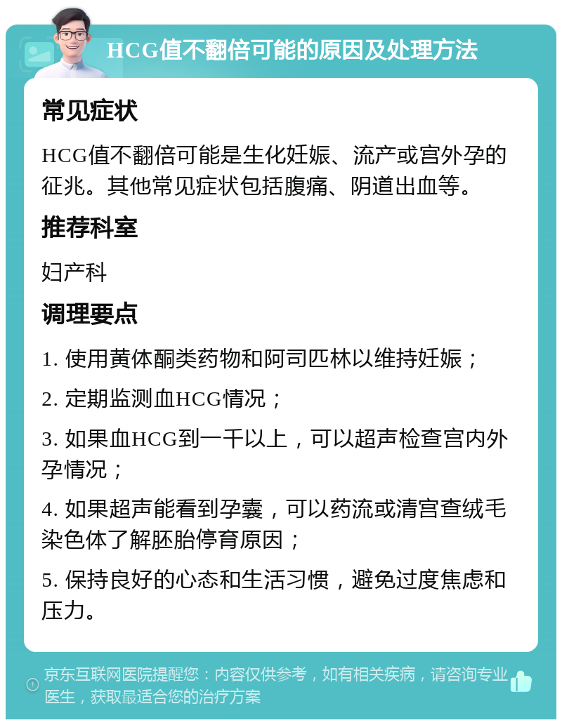 HCG值不翻倍可能的原因及处理方法 常见症状 HCG值不翻倍可能是生化妊娠、流产或宫外孕的征兆。其他常见症状包括腹痛、阴道出血等。 推荐科室 妇产科 调理要点 1. 使用黄体酮类药物和阿司匹林以维持妊娠； 2. 定期监测血HCG情况； 3. 如果血HCG到一千以上，可以超声检查宫内外孕情况； 4. 如果超声能看到孕囊，可以药流或清宫查绒毛染色体了解胚胎停育原因； 5. 保持良好的心态和生活习惯，避免过度焦虑和压力。