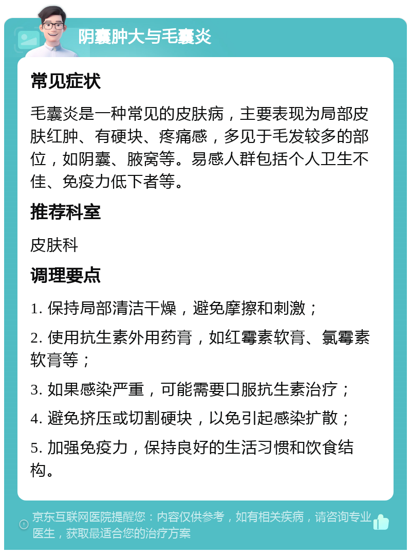 阴囊肿大与毛囊炎 常见症状 毛囊炎是一种常见的皮肤病，主要表现为局部皮肤红肿、有硬块、疼痛感，多见于毛发较多的部位，如阴囊、腋窝等。易感人群包括个人卫生不佳、免疫力低下者等。 推荐科室 皮肤科 调理要点 1. 保持局部清洁干燥，避免摩擦和刺激； 2. 使用抗生素外用药膏，如红霉素软膏、氯霉素软膏等； 3. 如果感染严重，可能需要口服抗生素治疗； 4. 避免挤压或切割硬块，以免引起感染扩散； 5. 加强免疫力，保持良好的生活习惯和饮食结构。