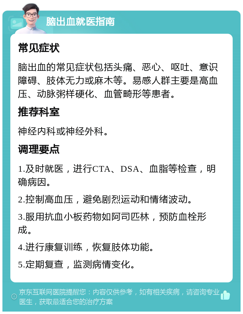 脑出血就医指南 常见症状 脑出血的常见症状包括头痛、恶心、呕吐、意识障碍、肢体无力或麻木等。易感人群主要是高血压、动脉粥样硬化、血管畸形等患者。 推荐科室 神经内科或神经外科。 调理要点 1.及时就医，进行CTA、DSA、血脂等检查，明确病因。 2.控制高血压，避免剧烈运动和情绪波动。 3.服用抗血小板药物如阿司匹林，预防血栓形成。 4.进行康复训练，恢复肢体功能。 5.定期复查，监测病情变化。