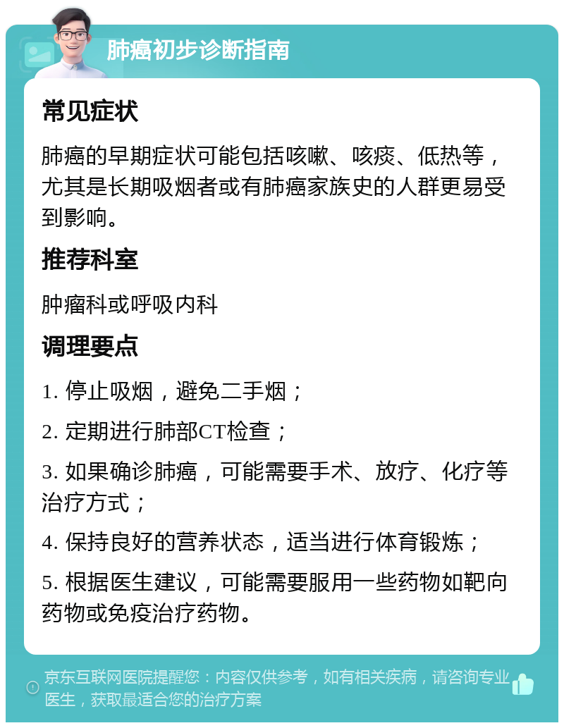 肺癌初步诊断指南 常见症状 肺癌的早期症状可能包括咳嗽、咳痰、低热等，尤其是长期吸烟者或有肺癌家族史的人群更易受到影响。 推荐科室 肿瘤科或呼吸内科 调理要点 1. 停止吸烟，避免二手烟； 2. 定期进行肺部CT检查； 3. 如果确诊肺癌，可能需要手术、放疗、化疗等治疗方式； 4. 保持良好的营养状态，适当进行体育锻炼； 5. 根据医生建议，可能需要服用一些药物如靶向药物或免疫治疗药物。