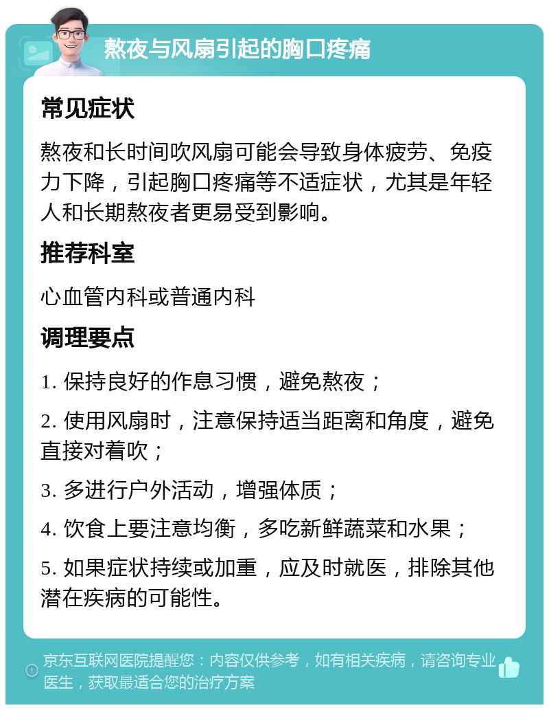 熬夜与风扇引起的胸口疼痛 常见症状 熬夜和长时间吹风扇可能会导致身体疲劳、免疫力下降，引起胸口疼痛等不适症状，尤其是年轻人和长期熬夜者更易受到影响。 推荐科室 心血管内科或普通内科 调理要点 1. 保持良好的作息习惯，避免熬夜； 2. 使用风扇时，注意保持适当距离和角度，避免直接对着吹； 3. 多进行户外活动，增强体质； 4. 饮食上要注意均衡，多吃新鲜蔬菜和水果； 5. 如果症状持续或加重，应及时就医，排除其他潜在疾病的可能性。