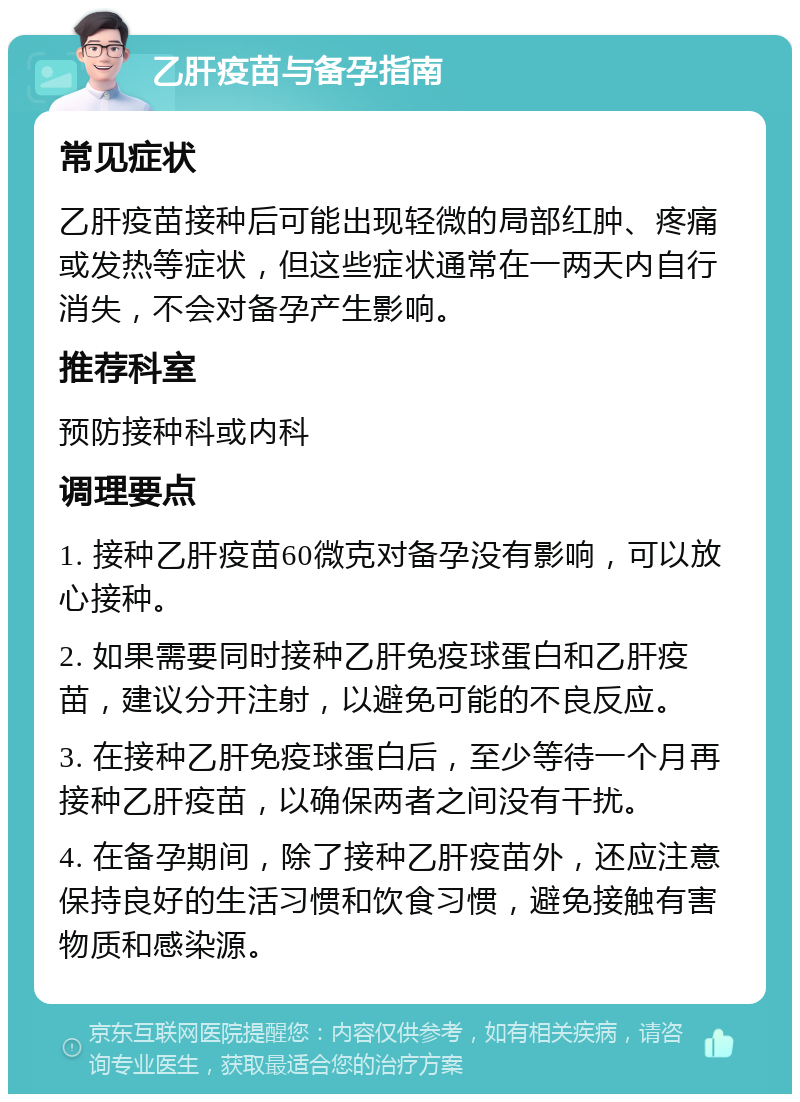 乙肝疫苗与备孕指南 常见症状 乙肝疫苗接种后可能出现轻微的局部红肿、疼痛或发热等症状，但这些症状通常在一两天内自行消失，不会对备孕产生影响。 推荐科室 预防接种科或内科 调理要点 1. 接种乙肝疫苗60微克对备孕没有影响，可以放心接种。 2. 如果需要同时接种乙肝免疫球蛋白和乙肝疫苗，建议分开注射，以避免可能的不良反应。 3. 在接种乙肝免疫球蛋白后，至少等待一个月再接种乙肝疫苗，以确保两者之间没有干扰。 4. 在备孕期间，除了接种乙肝疫苗外，还应注意保持良好的生活习惯和饮食习惯，避免接触有害物质和感染源。