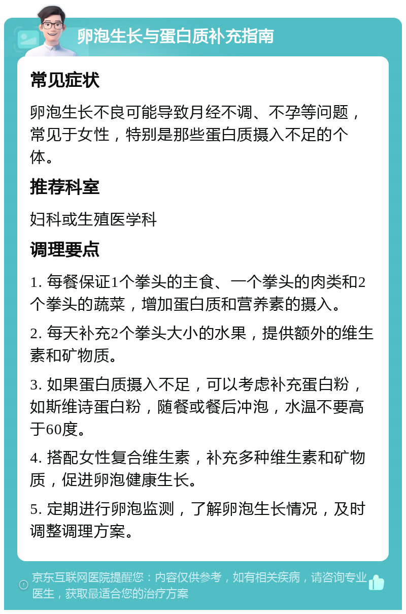 卵泡生长与蛋白质补充指南 常见症状 卵泡生长不良可能导致月经不调、不孕等问题，常见于女性，特别是那些蛋白质摄入不足的个体。 推荐科室 妇科或生殖医学科 调理要点 1. 每餐保证1个拳头的主食、一个拳头的肉类和2个拳头的蔬菜，增加蛋白质和营养素的摄入。 2. 每天补充2个拳头大小的水果，提供额外的维生素和矿物质。 3. 如果蛋白质摄入不足，可以考虑补充蛋白粉，如斯维诗蛋白粉，随餐或餐后冲泡，水温不要高于60度。 4. 搭配女性复合维生素，补充多种维生素和矿物质，促进卵泡健康生长。 5. 定期进行卵泡监测，了解卵泡生长情况，及时调整调理方案。