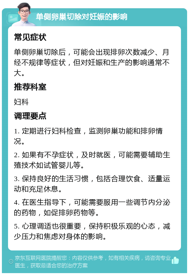 单侧卵巢切除对妊娠的影响 常见症状 单侧卵巢切除后，可能会出现排卵次数减少、月经不规律等症状，但对妊娠和生产的影响通常不大。 推荐科室 妇科 调理要点 1. 定期进行妇科检查，监测卵巢功能和排卵情况。 2. 如果有不孕症状，及时就医，可能需要辅助生殖技术如试管婴儿等。 3. 保持良好的生活习惯，包括合理饮食、适量运动和充足休息。 4. 在医生指导下，可能需要服用一些调节内分泌的药物，如促排卵药物等。 5. 心理调适也很重要，保持积极乐观的心态，减少压力和焦虑对身体的影响。