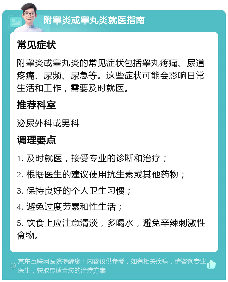 附睾炎或睾丸炎就医指南 常见症状 附睾炎或睾丸炎的常见症状包括睾丸疼痛、尿道疼痛、尿频、尿急等。这些症状可能会影响日常生活和工作，需要及时就医。 推荐科室 泌尿外科或男科 调理要点 1. 及时就医，接受专业的诊断和治疗； 2. 根据医生的建议使用抗生素或其他药物； 3. 保持良好的个人卫生习惯； 4. 避免过度劳累和性生活； 5. 饮食上应注意清淡，多喝水，避免辛辣刺激性食物。