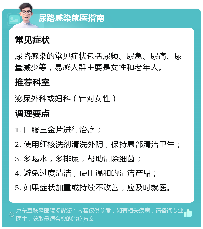 尿路感染就医指南 常见症状 尿路感染的常见症状包括尿频、尿急、尿痛、尿量减少等，易感人群主要是女性和老年人。 推荐科室 泌尿外科或妇科（针对女性） 调理要点 1. 口服三金片进行治疗； 2. 使用红核洗剂清洗外阴，保持局部清洁卫生； 3. 多喝水，多排尿，帮助清除细菌； 4. 避免过度清洁，使用温和的清洁产品； 5. 如果症状加重或持续不改善，应及时就医。