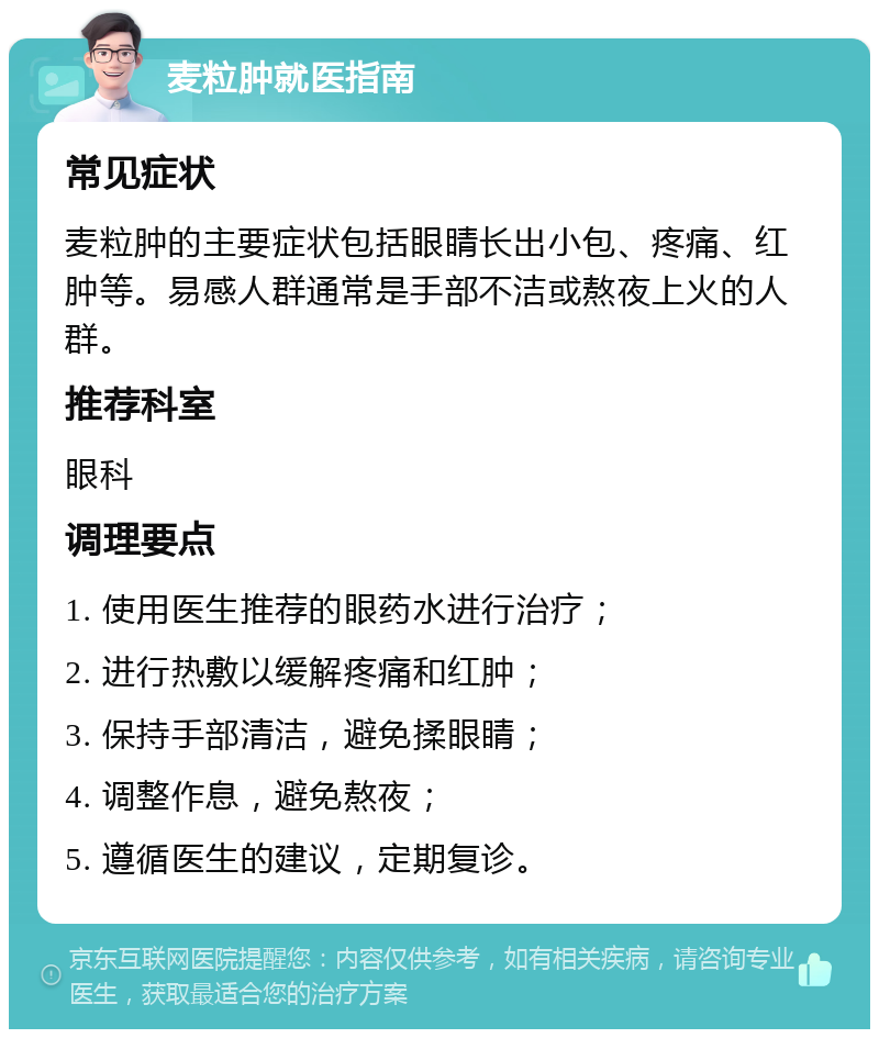 麦粒肿就医指南 常见症状 麦粒肿的主要症状包括眼睛长出小包、疼痛、红肿等。易感人群通常是手部不洁或熬夜上火的人群。 推荐科室 眼科 调理要点 1. 使用医生推荐的眼药水进行治疗； 2. 进行热敷以缓解疼痛和红肿； 3. 保持手部清洁，避免揉眼睛； 4. 调整作息，避免熬夜； 5. 遵循医生的建议，定期复诊。