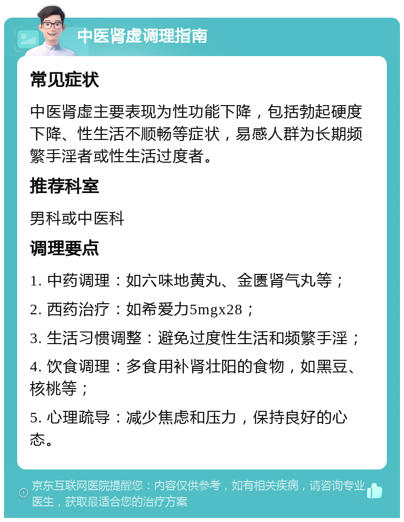 中医肾虚调理指南 常见症状 中医肾虚主要表现为性功能下降，包括勃起硬度下降、性生活不顺畅等症状，易感人群为长期频繁手淫者或性生活过度者。 推荐科室 男科或中医科 调理要点 1. 中药调理：如六味地黄丸、金匮肾气丸等； 2. 西药治疗：如希爱力5mgx28； 3. 生活习惯调整：避免过度性生活和频繁手淫； 4. 饮食调理：多食用补肾壮阳的食物，如黑豆、核桃等； 5. 心理疏导：减少焦虑和压力，保持良好的心态。