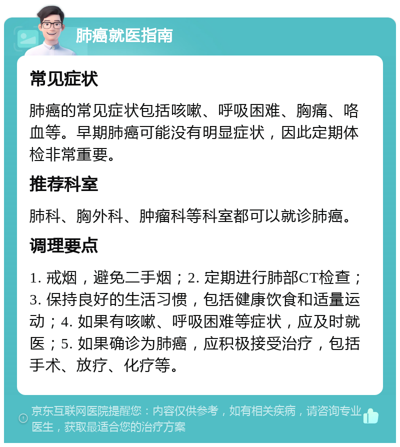 肺癌就医指南 常见症状 肺癌的常见症状包括咳嗽、呼吸困难、胸痛、咯血等。早期肺癌可能没有明显症状，因此定期体检非常重要。 推荐科室 肺科、胸外科、肿瘤科等科室都可以就诊肺癌。 调理要点 1. 戒烟，避免二手烟；2. 定期进行肺部CT检查；3. 保持良好的生活习惯，包括健康饮食和适量运动；4. 如果有咳嗽、呼吸困难等症状，应及时就医；5. 如果确诊为肺癌，应积极接受治疗，包括手术、放疗、化疗等。