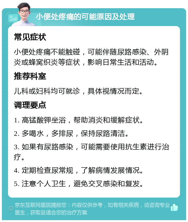 小便处疼痛的可能原因及处理 常见症状 小便处疼痛不能触碰，可能伴随尿路感染、外阴炎或蜂窝织炎等症状，影响日常生活和活动。 推荐科室 儿科或妇科均可就诊，具体视情况而定。 调理要点 1. 高锰酸钾坐浴，帮助消炎和缓解症状。 2. 多喝水，多排尿，保持尿路清洁。 3. 如果有尿路感染，可能需要使用抗生素进行治疗。 4. 定期检查尿常规，了解病情发展情况。 5. 注意个人卫生，避免交叉感染和复发。