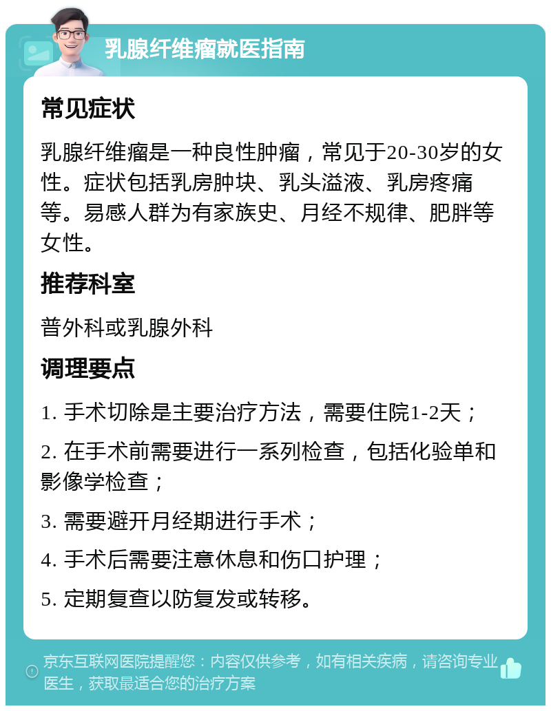 乳腺纤维瘤就医指南 常见症状 乳腺纤维瘤是一种良性肿瘤，常见于20-30岁的女性。症状包括乳房肿块、乳头溢液、乳房疼痛等。易感人群为有家族史、月经不规律、肥胖等女性。 推荐科室 普外科或乳腺外科 调理要点 1. 手术切除是主要治疗方法，需要住院1-2天； 2. 在手术前需要进行一系列检查，包括化验单和影像学检查； 3. 需要避开月经期进行手术； 4. 手术后需要注意休息和伤口护理； 5. 定期复查以防复发或转移。