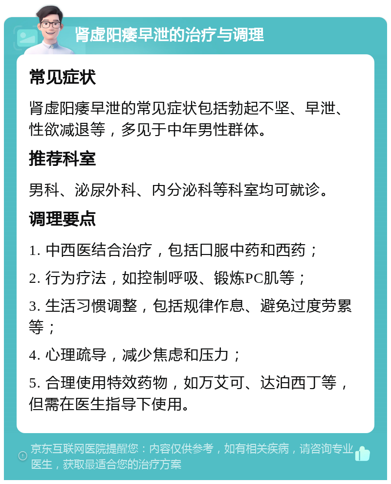 肾虚阳痿早泄的治疗与调理 常见症状 肾虚阳痿早泄的常见症状包括勃起不坚、早泄、性欲减退等，多见于中年男性群体。 推荐科室 男科、泌尿外科、内分泌科等科室均可就诊。 调理要点 1. 中西医结合治疗，包括口服中药和西药； 2. 行为疗法，如控制呼吸、锻炼PC肌等； 3. 生活习惯调整，包括规律作息、避免过度劳累等； 4. 心理疏导，减少焦虑和压力； 5. 合理使用特效药物，如万艾可、达泊西丁等，但需在医生指导下使用。