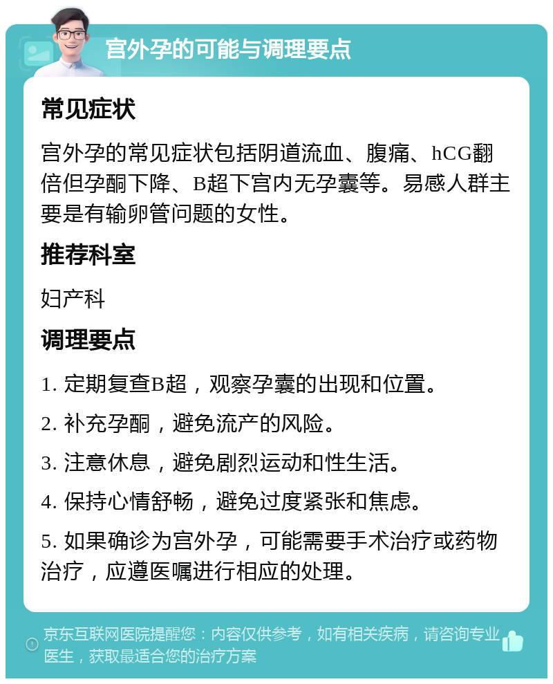 宫外孕的可能与调理要点 常见症状 宫外孕的常见症状包括阴道流血、腹痛、hCG翻倍但孕酮下降、B超下宫内无孕囊等。易感人群主要是有输卵管问题的女性。 推荐科室 妇产科 调理要点 1. 定期复查B超，观察孕囊的出现和位置。 2. 补充孕酮，避免流产的风险。 3. 注意休息，避免剧烈运动和性生活。 4. 保持心情舒畅，避免过度紧张和焦虑。 5. 如果确诊为宫外孕，可能需要手术治疗或药物治疗，应遵医嘱进行相应的处理。