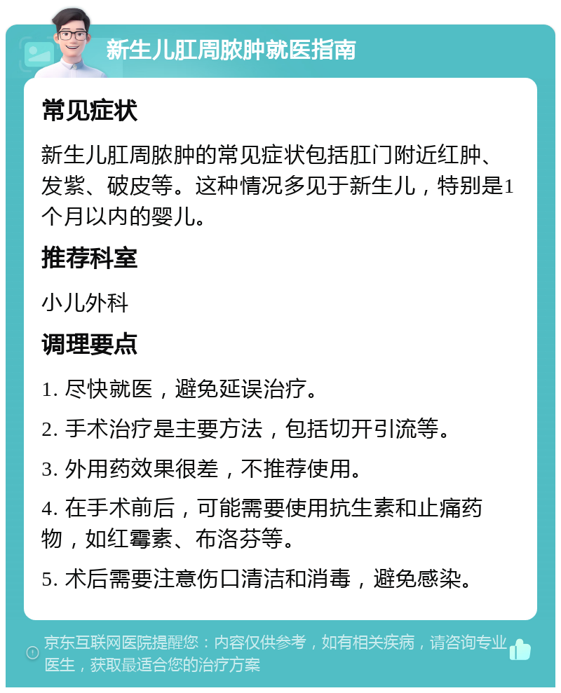 新生儿肛周脓肿就医指南 常见症状 新生儿肛周脓肿的常见症状包括肛门附近红肿、发紫、破皮等。这种情况多见于新生儿，特别是1个月以内的婴儿。 推荐科室 小儿外科 调理要点 1. 尽快就医，避免延误治疗。 2. 手术治疗是主要方法，包括切开引流等。 3. 外用药效果很差，不推荐使用。 4. 在手术前后，可能需要使用抗生素和止痛药物，如红霉素、布洛芬等。 5. 术后需要注意伤口清洁和消毒，避免感染。