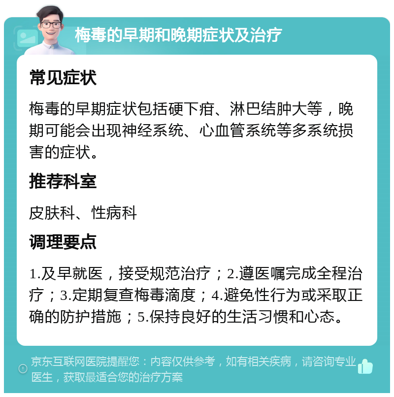 梅毒的早期和晚期症状及治疗 常见症状 梅毒的早期症状包括硬下疳、淋巴结肿大等，晚期可能会出现神经系统、心血管系统等多系统损害的症状。 推荐科室 皮肤科、性病科 调理要点 1.及早就医，接受规范治疗；2.遵医嘱完成全程治疗；3.定期复查梅毒滴度；4.避免性行为或采取正确的防护措施；5.保持良好的生活习惯和心态。