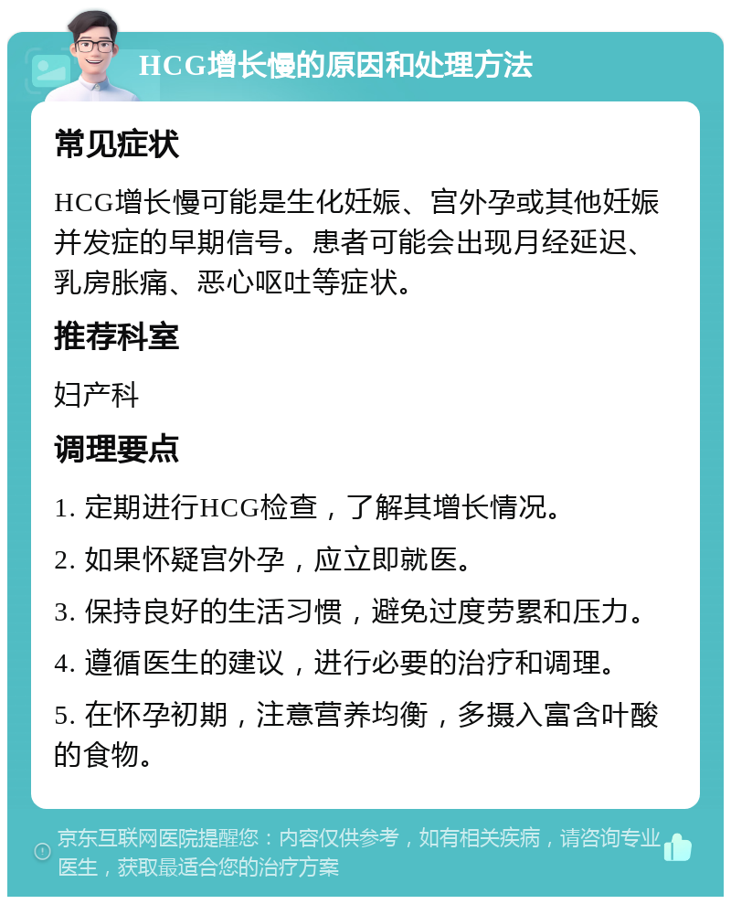 HCG增长慢的原因和处理方法 常见症状 HCG增长慢可能是生化妊娠、宫外孕或其他妊娠并发症的早期信号。患者可能会出现月经延迟、乳房胀痛、恶心呕吐等症状。 推荐科室 妇产科 调理要点 1. 定期进行HCG检查，了解其增长情况。 2. 如果怀疑宫外孕，应立即就医。 3. 保持良好的生活习惯，避免过度劳累和压力。 4. 遵循医生的建议，进行必要的治疗和调理。 5. 在怀孕初期，注意营养均衡，多摄入富含叶酸的食物。