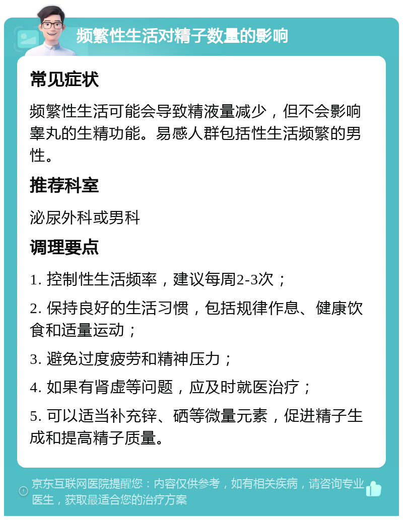 频繁性生活对精子数量的影响 常见症状 频繁性生活可能会导致精液量减少，但不会影响睾丸的生精功能。易感人群包括性生活频繁的男性。 推荐科室 泌尿外科或男科 调理要点 1. 控制性生活频率，建议每周2-3次； 2. 保持良好的生活习惯，包括规律作息、健康饮食和适量运动； 3. 避免过度疲劳和精神压力； 4. 如果有肾虚等问题，应及时就医治疗； 5. 可以适当补充锌、硒等微量元素，促进精子生成和提高精子质量。