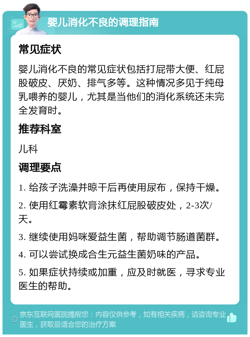 婴儿消化不良的调理指南 常见症状 婴儿消化不良的常见症状包括打屁带大便、红屁股破皮、厌奶、排气多等。这种情况多见于纯母乳喂养的婴儿，尤其是当他们的消化系统还未完全发育时。 推荐科室 儿科 调理要点 1. 给孩子洗澡并晾干后再使用尿布，保持干燥。 2. 使用红霉素软膏涂抹红屁股破皮处，2-3次/天。 3. 继续使用妈咪爱益生菌，帮助调节肠道菌群。 4. 可以尝试换成合生元益生菌奶味的产品。 5. 如果症状持续或加重，应及时就医，寻求专业医生的帮助。