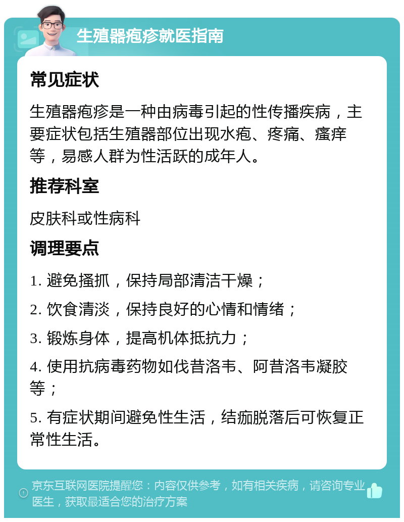 生殖器疱疹就医指南 常见症状 生殖器疱疹是一种由病毒引起的性传播疾病，主要症状包括生殖器部位出现水疱、疼痛、瘙痒等，易感人群为性活跃的成年人。 推荐科室 皮肤科或性病科 调理要点 1. 避免搔抓，保持局部清洁干燥； 2. 饮食清淡，保持良好的心情和情绪； 3. 锻炼身体，提高机体抵抗力； 4. 使用抗病毒药物如伐昔洛韦、阿昔洛韦凝胶等； 5. 有症状期间避免性生活，结痂脱落后可恢复正常性生活。