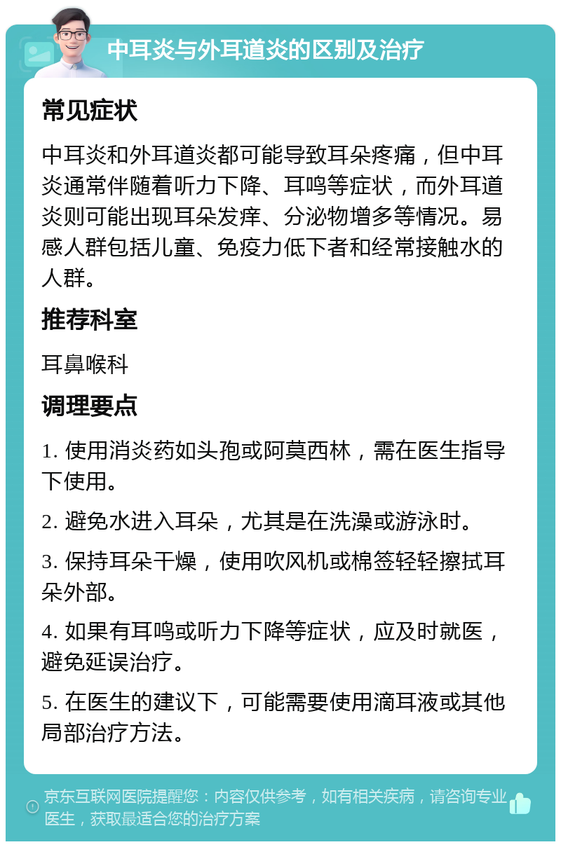 中耳炎与外耳道炎的区别及治疗 常见症状 中耳炎和外耳道炎都可能导致耳朵疼痛，但中耳炎通常伴随着听力下降、耳鸣等症状，而外耳道炎则可能出现耳朵发痒、分泌物增多等情况。易感人群包括儿童、免疫力低下者和经常接触水的人群。 推荐科室 耳鼻喉科 调理要点 1. 使用消炎药如头孢或阿莫西林，需在医生指导下使用。 2. 避免水进入耳朵，尤其是在洗澡或游泳时。 3. 保持耳朵干燥，使用吹风机或棉签轻轻擦拭耳朵外部。 4. 如果有耳鸣或听力下降等症状，应及时就医，避免延误治疗。 5. 在医生的建议下，可能需要使用滴耳液或其他局部治疗方法。